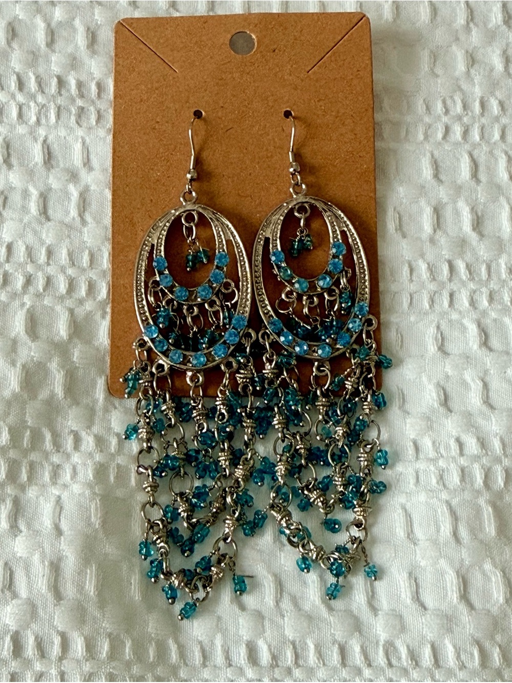 Blue Filigree Dangle Earrings - Ladies Silver-Tone Chandelier Jewelry
